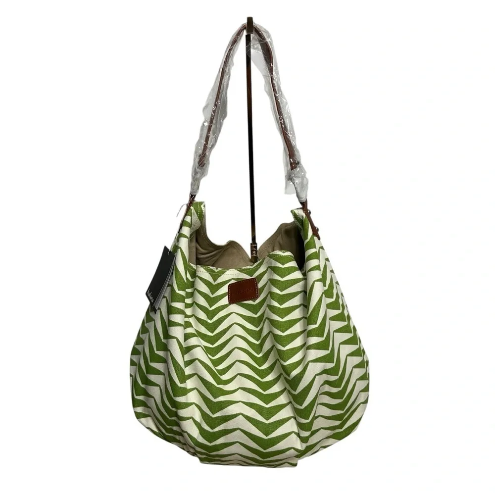 Halsea Dunes Bucket Bag Green Chevron Leather Trim Cotton Canvas Beach Chic Bag